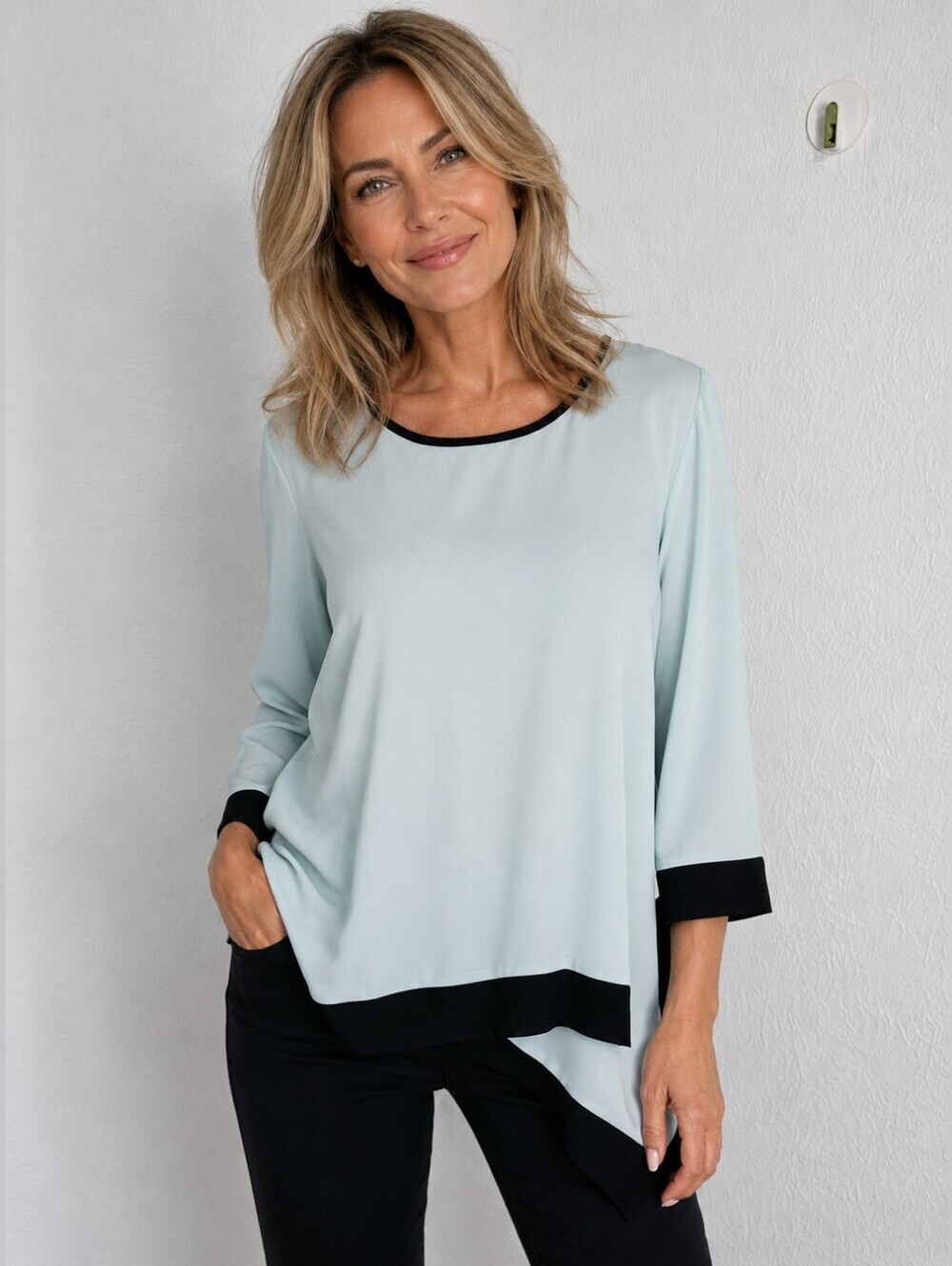 Est. 1946 Mint Green Layered Hem Top with Black Trim, Size Medium